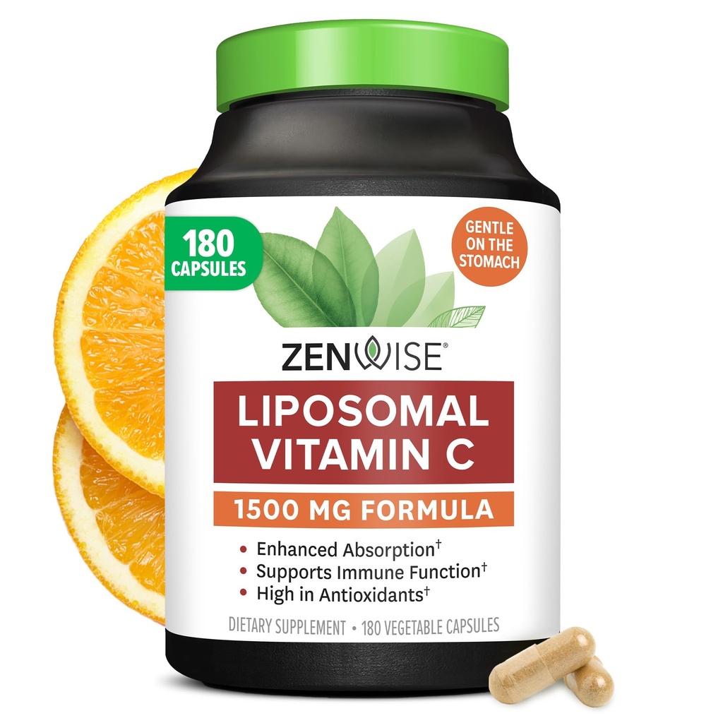Zenwise Health Geliştirilmiş Abpole Liposomal Vitamin C Supplement - 1500 mg Liposomal VIT C for Immune Support, Antioksi & Natural Energy Boost - Organik & Gluten Free - Unflavored, 180 Capsules