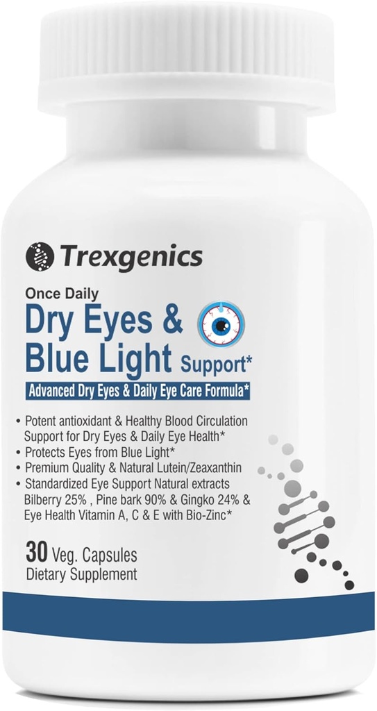 Trexgenics Kuru Gözler & Blue Light Support Once Daily Vegetarian Formula with Lutein 10 mg, Zeaxanthin 2 mg, Bilberry, Ginkgo, Pine Bark, Vitamin C, çinko & Vitamin A (30 Veg Capsules)