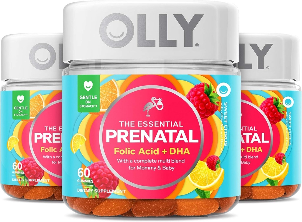 Olly προγεννητική πολυβιταμίνη Gummy, Φολικό οξύ, βιταμίνη D, Omega DHA, Chewable συμπλήρωμα, 60 Gummies Εσπεριδοειδή 3 Count