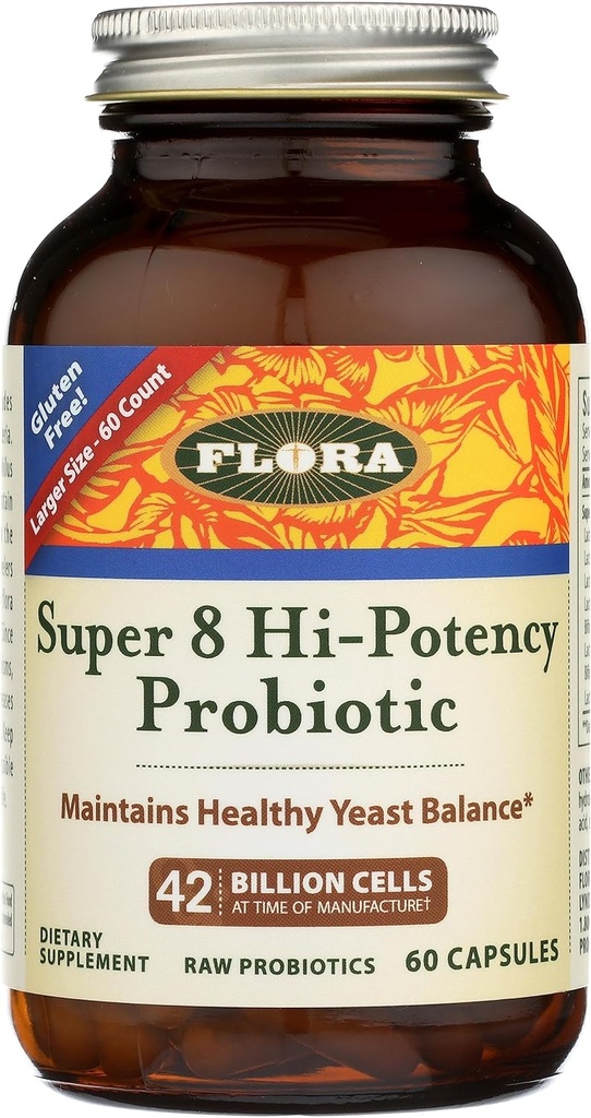 Flora - Super 8 Hi Potency Probiyotiks 60 Count - Sağlıklı Yeast Balance & Digestive Health - Erkekler ve Kadınlar için - 42 Milyar CFU, Raw, Gluten Free - 2 Ay Supply