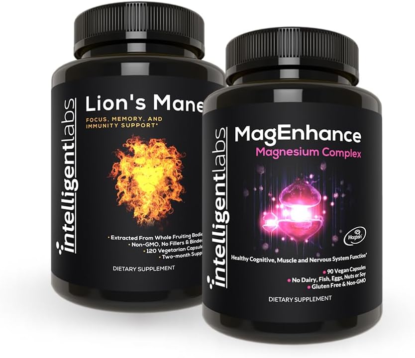 Intelligent Labs 2-σε-1 Δέσμη MagEnhance Magnesium Supplement (Υψηλή Απορρόφηση Μαγνήσιο Γλυκινικό, Thereonate, και Taurate) και Mane Mushroom Supplement (100% Fruiting Bodies Extract)