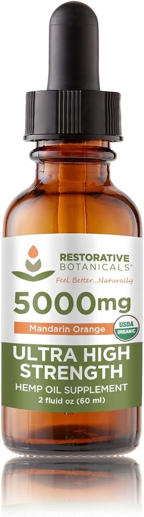 Ultra High Strength Hemp Oil Drops 5000 mg Mandarin Orange Flavor (2 oz - 120 Hizmet) USDA sertifikalı Organik, Calming Relief Supplement