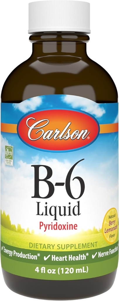 Carlson - B-6 Υγρό, Βιταμίνη B-6, Παραγωγή Ενέργειας, Υγεία της Καρδιάς, Berry Λεμονάδα Γεύση, 120 mL (4 fl Oz)