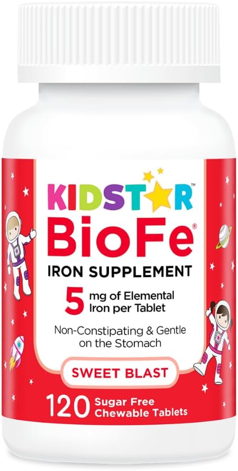 KidStar Nutrients BioFe Pure Iron Chewables for Kids & Adults, Sweet Blast, No Sugar, Sweeted with Xylitol, 120 Chewable Tables