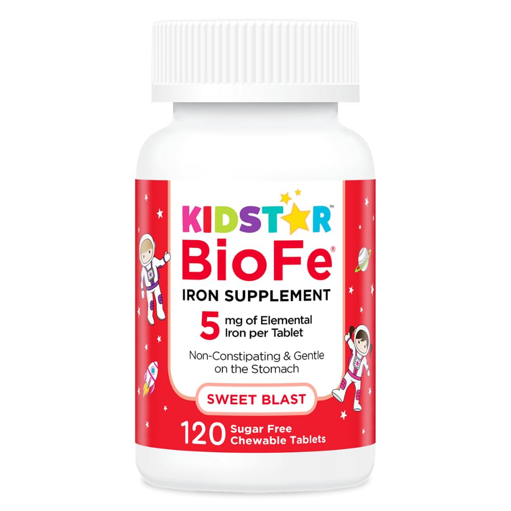 KidStar Nutrients BioFe Pure Iron Chewables for Kids & Adults, Sweet Blast, No Sugar, Sweeted with Xylitol, 120 Chewable Tables