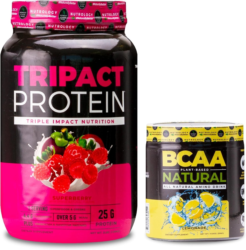 Nutrology TRIPACT Protein Powder, 7-in-1 Replacement Meal Shake, Superberry (40 services) BCAA Natural, Plant Based BCAA Powder, Lemonade Flavor (30 services)