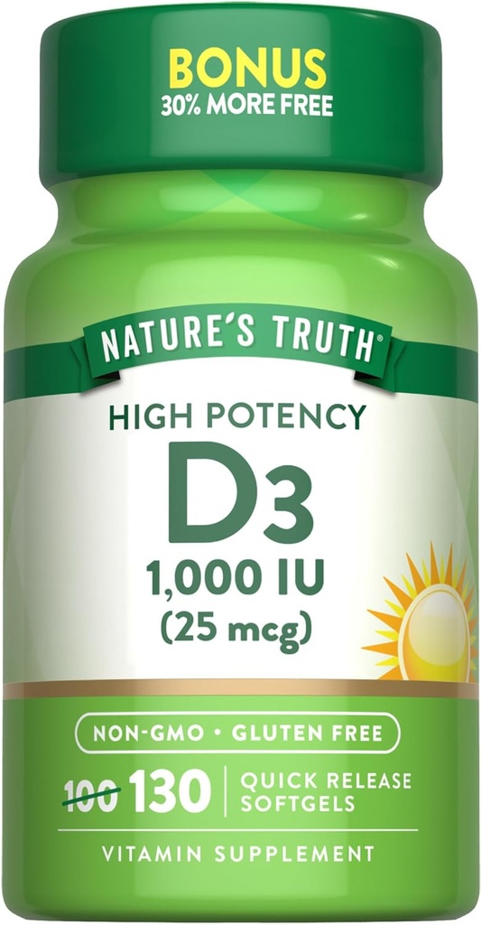 Doğanın Gerçek Vitamin D3 1000 İ Softgels | Yüksek Potency Formula | 25 mcg | Non-GMO & Gluten Free Supplement Supplement