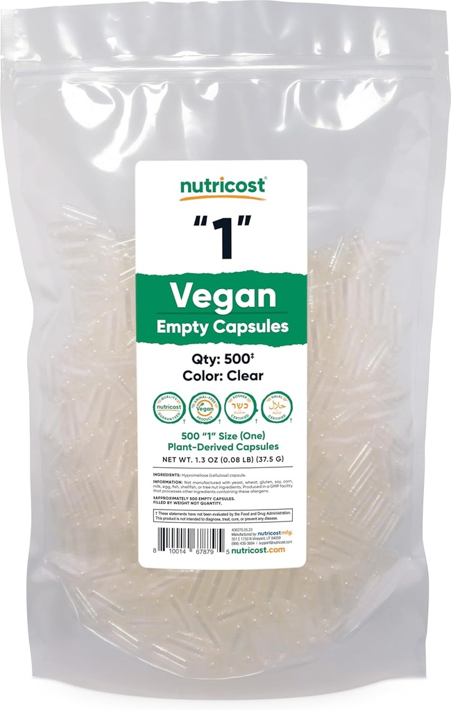 Nutricost Boş Kapsüller 1 Vegan - 500 Clear Boş Plant-Based Capsules - Kosher sertifikalı, Hell sertifikalı, Non-GMO, Soy Free, Gluten Free, Vegetarian Capsules