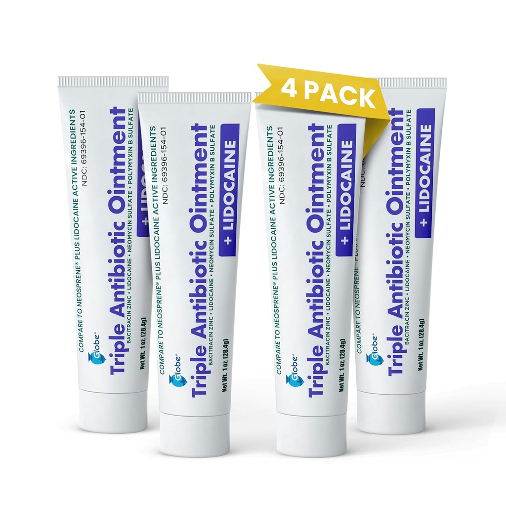 Globe (4-Pack) Lidoka İlk Yardım Antibiyotik Ointment 1 Oz - En Güçlü Ağrı Yardımı ve Enfeksiyon Koruma - Lidokaklarla Hızlı Kaç Kilo - Acil Kullanım ve Enfeksiyon Koruma