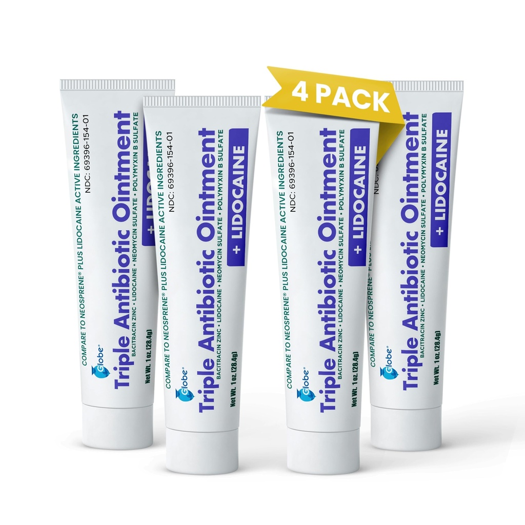 Globe (4-Pack) Lidoka İlk Yardım Antibiyotik Ointment 1 Oz - En Güçlü Ağrı Yardımı ve Enfeksiyon Koruma - Lidokaklarla Hızlı Kaç Kilo - Acil Kullanım ve Enfeksiyon Koruma