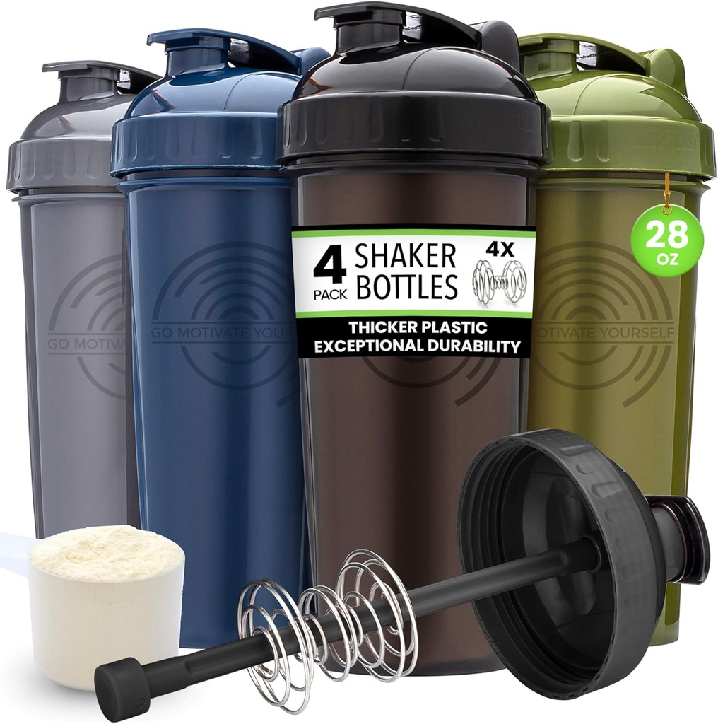 GOMOYO [4-Pack] 28-Ounce Shaker Şişe | Bulk Protein Shaker Şişe with Action-Rod Mikser | Shaker Cups Setleri Ted Free ve Dishwasher Güvenli | Moss, Gray, Navy, & Black