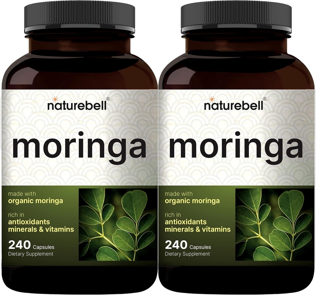 NatureBell Pure Moringa Capsules 8,000 mg Per Service (2 Pack) | Moringa Toz Organik, 480 Capsules – Green Superfood, Skin Health, & Immune Support – Non-GMO, Gluten Free, 8 Ay Supply