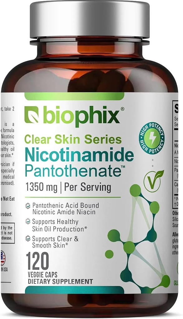 Biophix B-3 Nicotinamid Pantothenate 1350 mg 120 Vcaps - Clear Skin Series B5 Pantothenic Acid Natural Flush-Free Nicotinic Amide Niacin - Supports Skin Cell Health