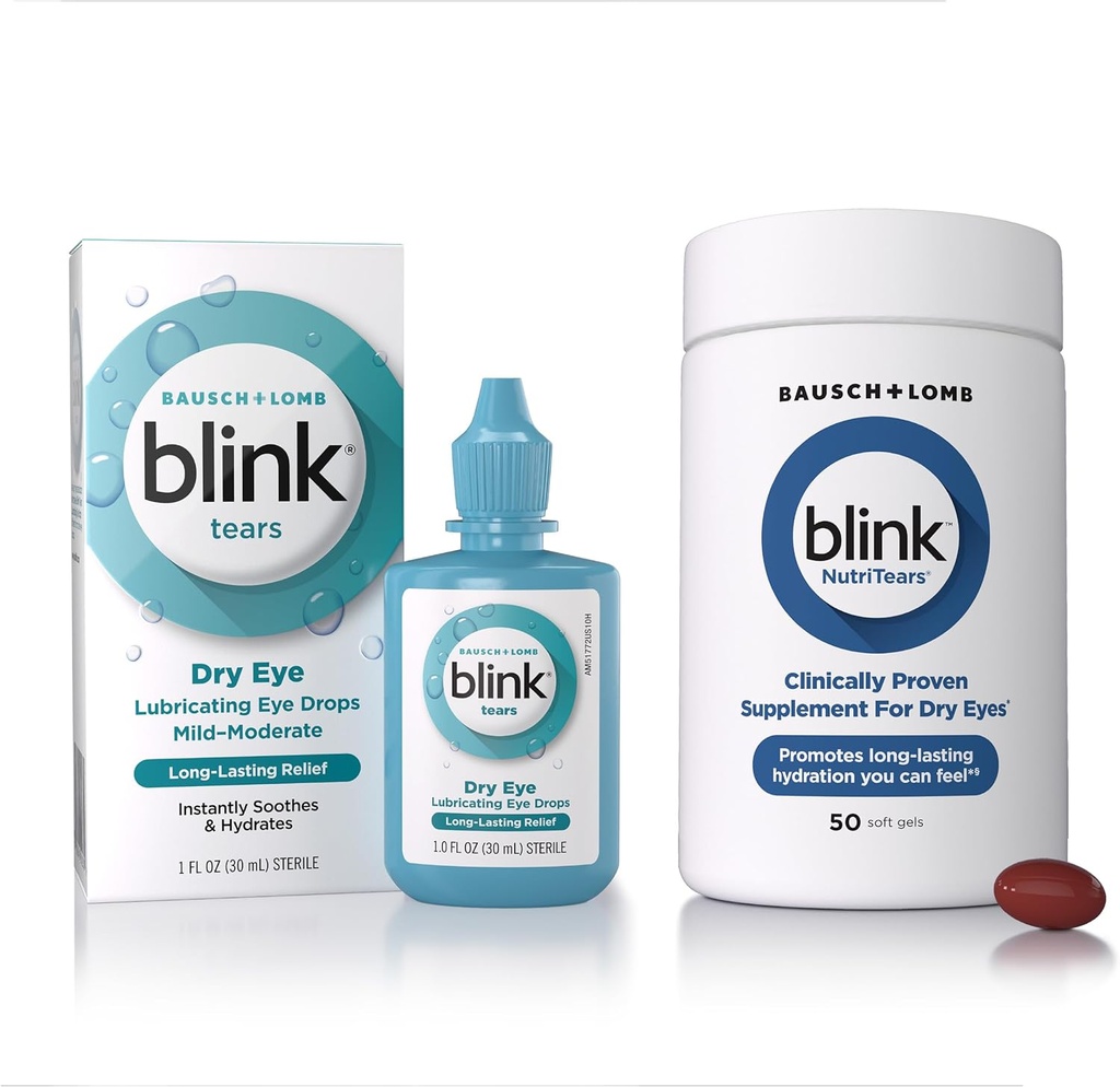 BLINK Tears Boyaing Eye Drops, 1 fl oz (30 mL) Eye Care for Mild to Moderate Kuru Eyes, Hyaluronate for Boosting Hydration NutriTears Klinikly Proven Supplement for Kuru Eyes, 50 Softgels