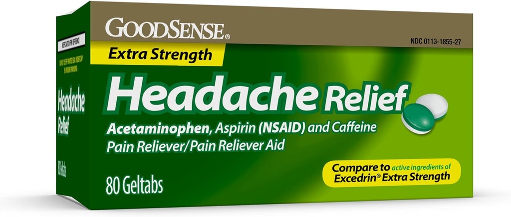 GoodSense Extra Strength Πονοκέφαλος ανακούφιση Geltabs, Acetaminophen, Ασπιρίνη (NSAID) και καφεΐνη, 80 κόμης
