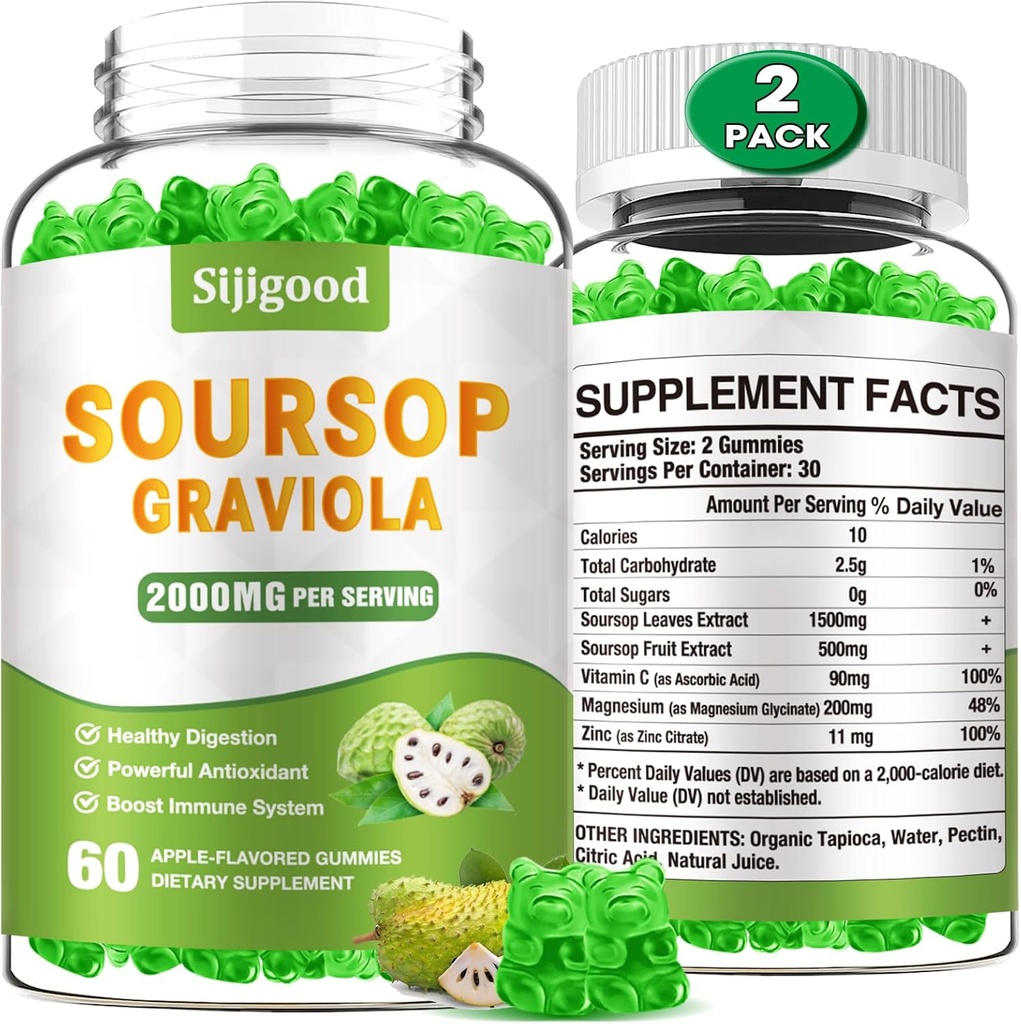2 τεμ. Soursop Graviola Gummies - Βιολογικά φύλλα και εκχύλισμα φρούτων - Digestive Aid, Immune Support & Antioxidant Properties - 120 Apple Flavored Gummies