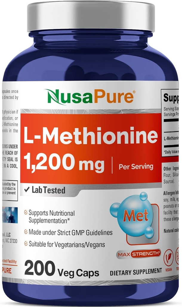 NusaPure L Methionine 1200 mg | 200 Capsules | Non-GMO | Vegan Supplement
