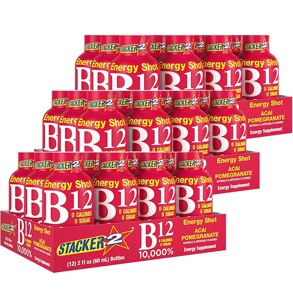 Stacker 2 Vitamin B Kompleks B12 B6 B3 Sıvı Enerji Shots - Acai & Pomegranate - Cyanocobalamin,% 10.000 DRV - B-6 Pyridoksie 40 mg - B3 Niacinamid (Niacin) 20 mg - BASED BOX Sche (2oz, 36 paketi)