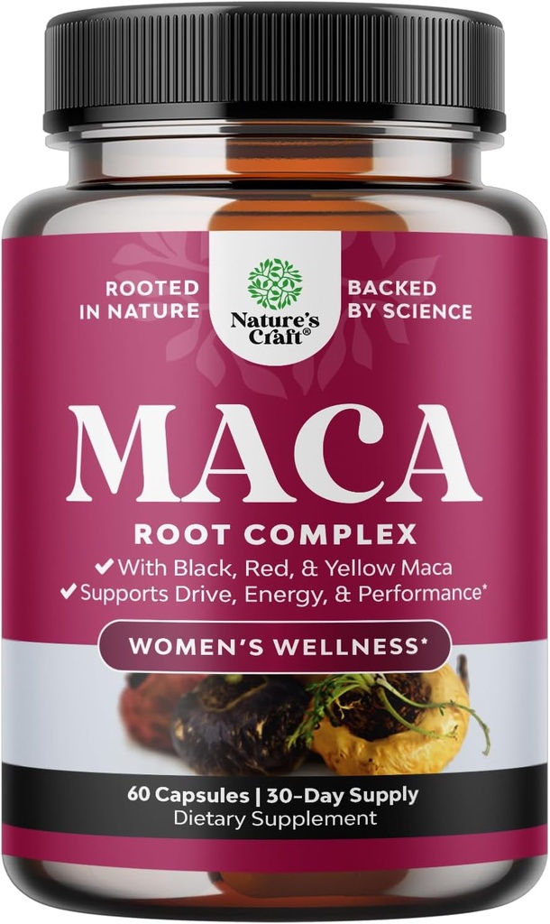 Kadınlar için Organik Maca Root Capsules - Kırmızı Sarı ve Siyah Maca Root - Non-GMO sertifikalı Vegan ve Gluten-Free with No Yapay Colors - 60ct