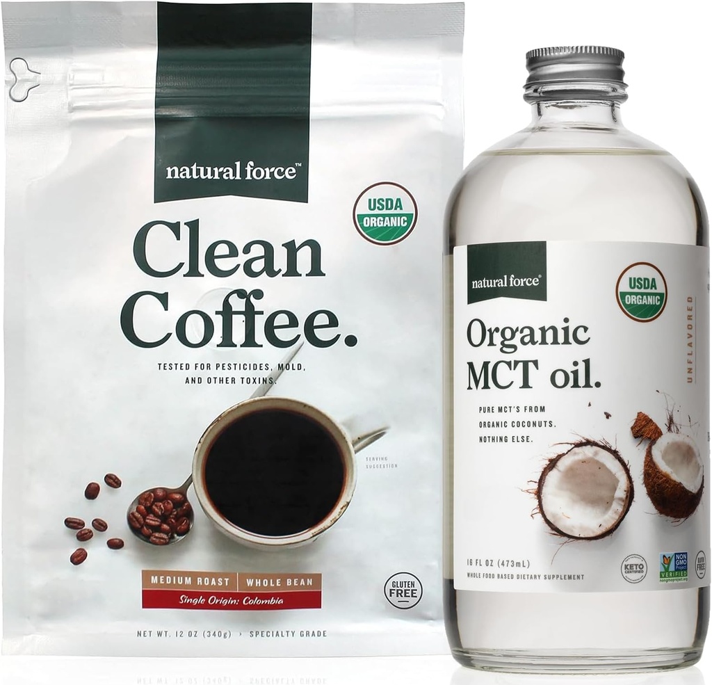 Doğal Kuvvet Organik Temiz Kahve + Organik MCT Petrol Paketi – %100 Saf Piramit MCTs & Moldova Ücretsiz Kahve – Non-GMO, Keto, Paleo ve Vegan - 12 Oz Bag ve 16 Oz Glass Şişe Şişe Şişe Şişe Şişe