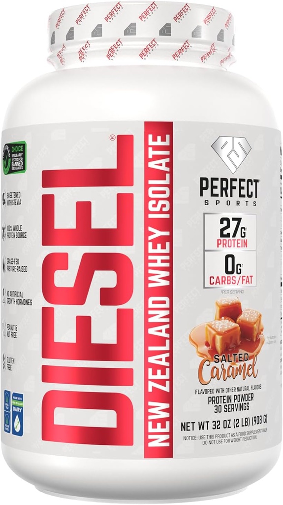 PERFECT SPORTS Diesel 100% New Zealand Whey Protein Isolate | Stevia Sweetened, No Artificial Ingredients, Keto | 0g Carb, 0g Fat, 27g Protein | 2 Pounds (Salted Caramel)