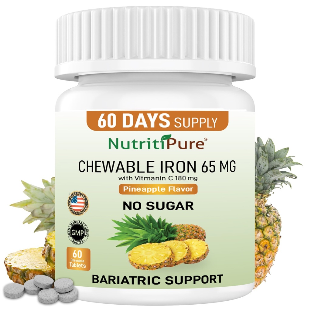 Μασώμενα Iron Carbonyl 65 mg με Βιταμίνη C 180 mg (για γυναίκες/ άνδρες) - Δισκίο σε Ανανάς Γεύση 60 Count (1)