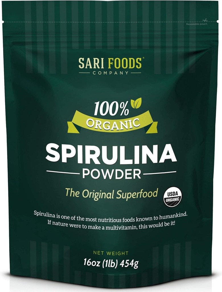 Organik Spirulina Toz (16 Ounce): Doğal Vegan, Yağlanmış, B12, Demir, Omega Fatty Asits, GLA, Beta Carotene, Chlorophyll, Amino Asits
