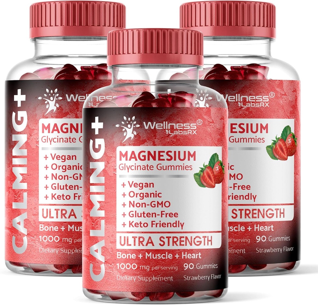 Magnezyum Glycinate Gummies, 1000 mg - Magnezyum Supplement to Support Relaxation, Heart Health - Chewable Calm Magnesio Gummies for Yetişkinler, Glicinato De Magnesio - Strawberry Flavor - 3 Paket
