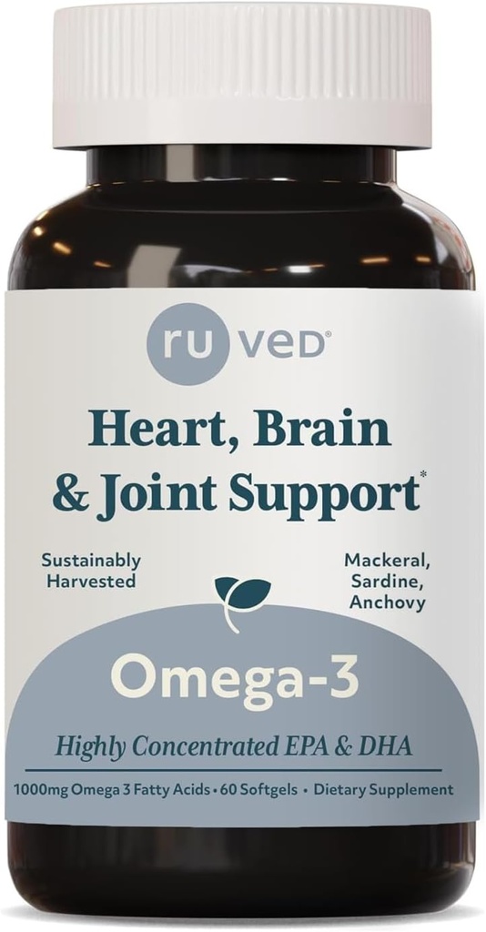 ruved Omega-3 - Omega 3 Fish Oil, 1000mg ανά κάψουλα, EPA & DHA Fish Oil συμπλήρωμα για γυναίκες & άνδρες, καρδιά, εγκέφαλος, & κοινή υποστήριξη - 60 κάψουλες Softgel (1 κόμης)