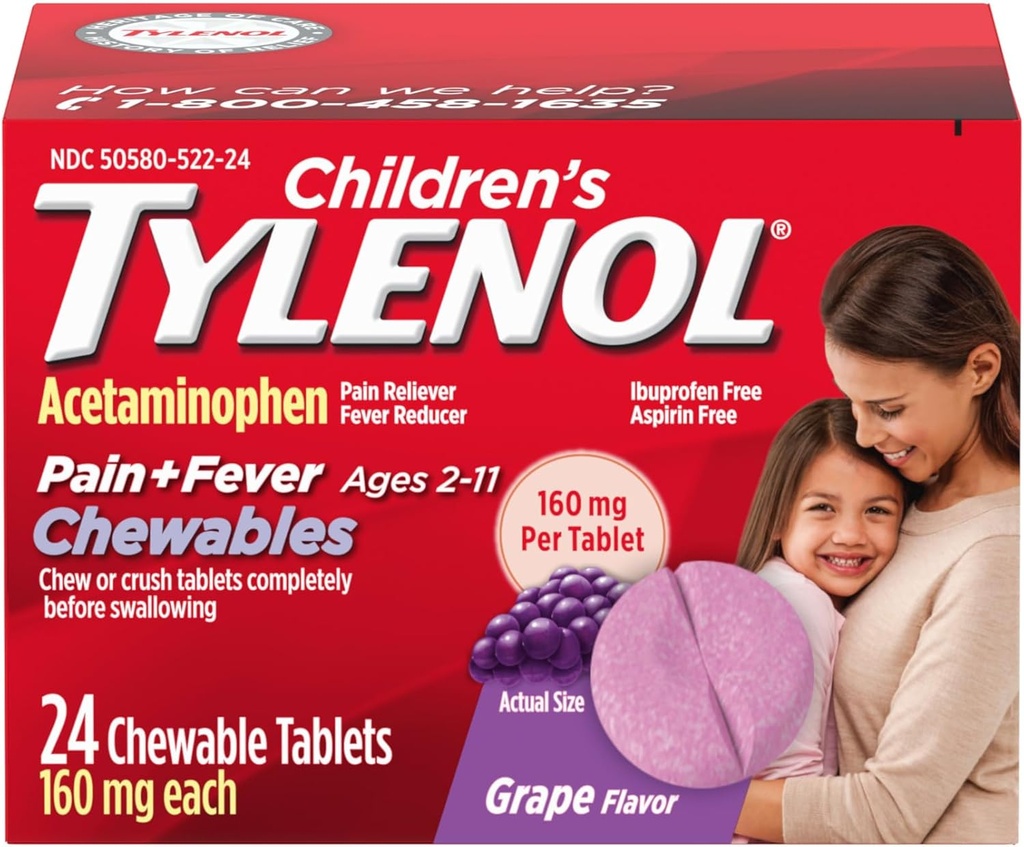 Çocukların Tylenol Chewables with 160 mg Acetaminophen, Pain Reliever & Fever Selection for Kids' Cold + Flu Belirtileri, Headache, Sore Throat & Toothache, aspirin-Free, Grape Flavor, 24 ct