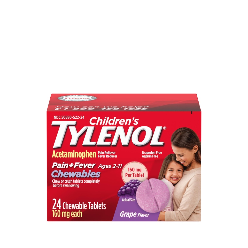 Çocukların Tylenol Chewables with 160 mg Acetaminophen, Pain Reliever & Fever Selection for Kids' Cold + Flu Belirtileri, Headache, Sore Throat & Toothache, aspirin-Free, Grape Flavor, 24 ct