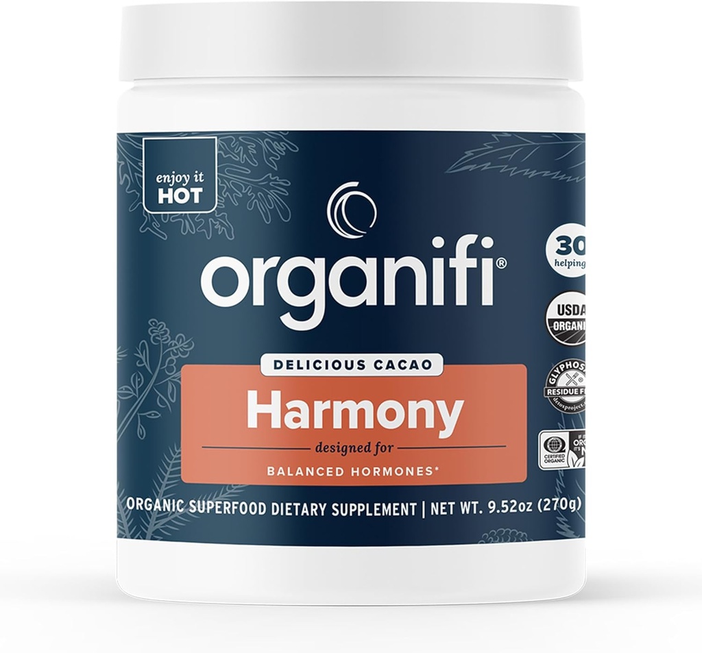 Organifi Harmony - Υποστήριξη ορμονών - Ανακουφίζει τα συμπτώματα PMS - Ενεργοποιεί You - Ρυθμίζει τον έμμηνο κύκλο - Best Served Hot - Χωρίς γλουτένη και Vegan Cacao σκόνη, 30 εξυπηρετούν