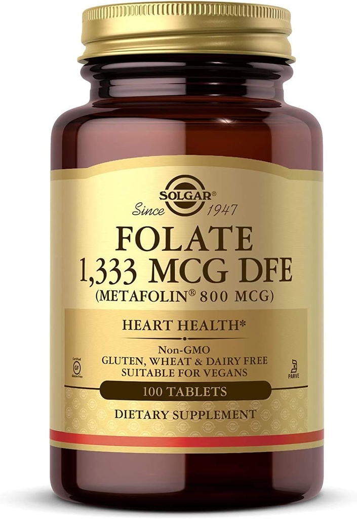 Solgar Folate 1, 333 mcg DFE, 100 δισκία - 800 mcg Βιο- δραστικό μεταφολίνη - Υγεία της καρδιάς - Μη-GMO, Vegan, Χωρίς γλουτένη, Χωρίς γαλακτοκομικά, Kosher - 100 σερβιρίσματα