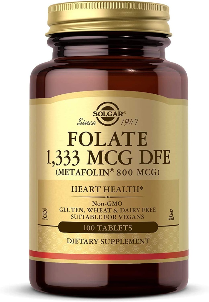 Solgar Folate 1,333 mcg DFE, 100 Tablet - 800 mcg Bio-Active Metafolin - Kalp Sağlığı - Non-GMO, Vegan, Gluten Free, Dairy Free, Kosher - 100 Hizmet