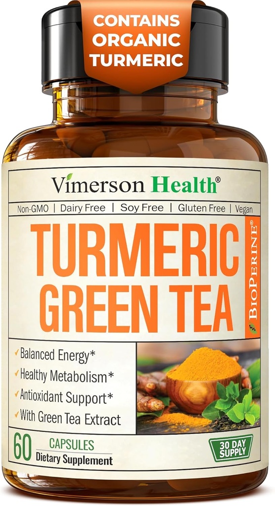 Turmeric Curcumin Supplement with Green Tea Extract (ECGC) & Vitamin C for Joint Health, Energy & Inflammation Balance - Organik Tumeric Curcumin with Black Pepper - Gluten-Free, Non-GMO - 60 Capsules