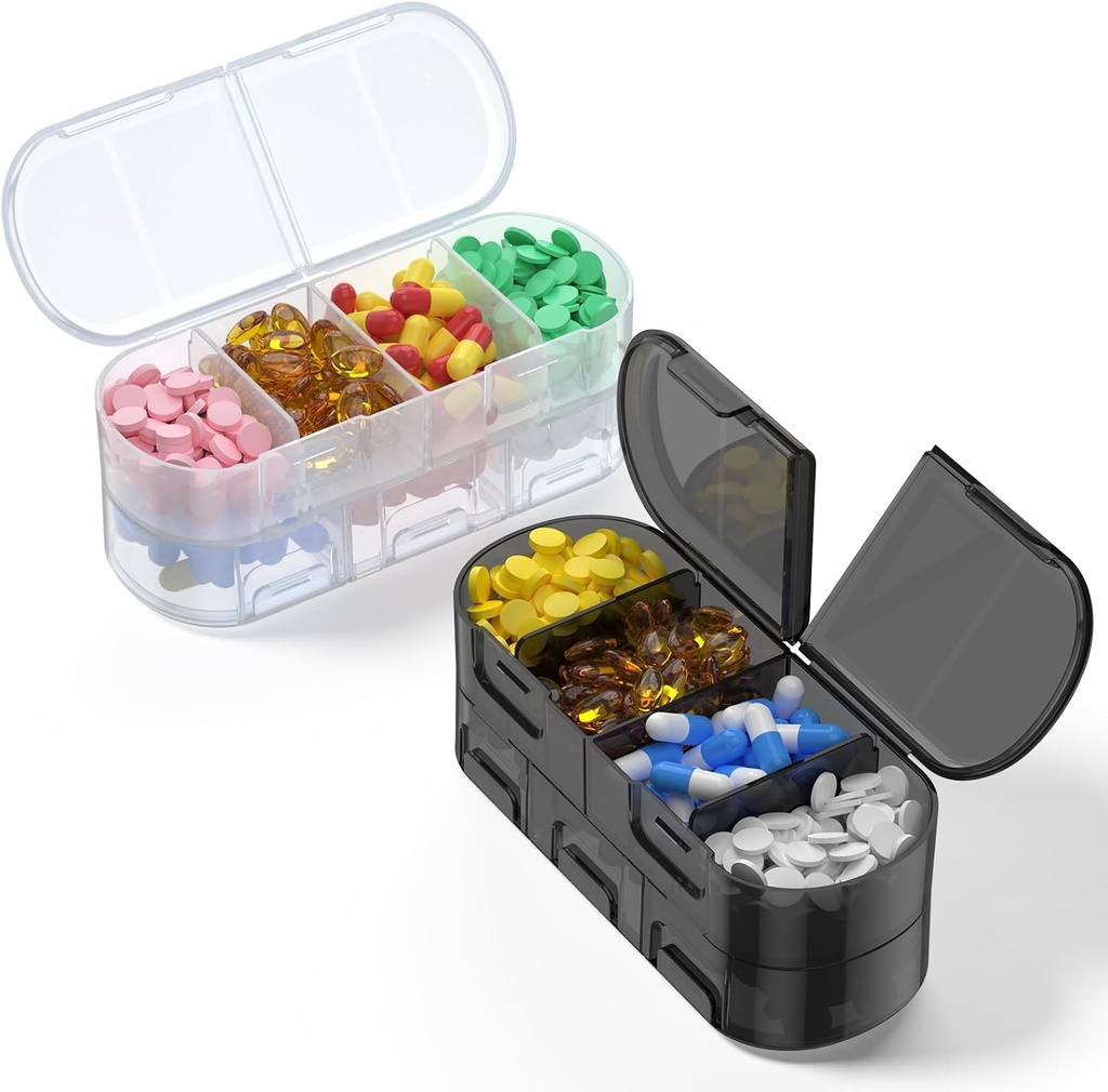 Weekly Pill Organizer, 2/3/4 φορές την ημέρα, Double-Sided Opening Design, Portable Pill Box for Storing Medication/Vitamins/Fish Oils/Supplements (Variable Grids White Black 2PC)