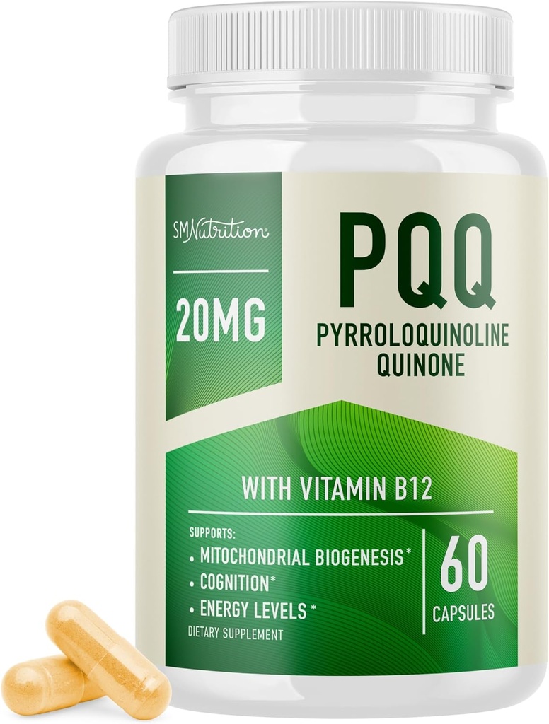 PQ Supplement 20 mg | Mitochondrial Biogenesis & Enerji CoQ10 & Vitamin B12 | Destek Beyin Sağlığı ve Mitochondria Production | Ultra PQ Formula | Vegan, Gluten-Free | 60 Capsules