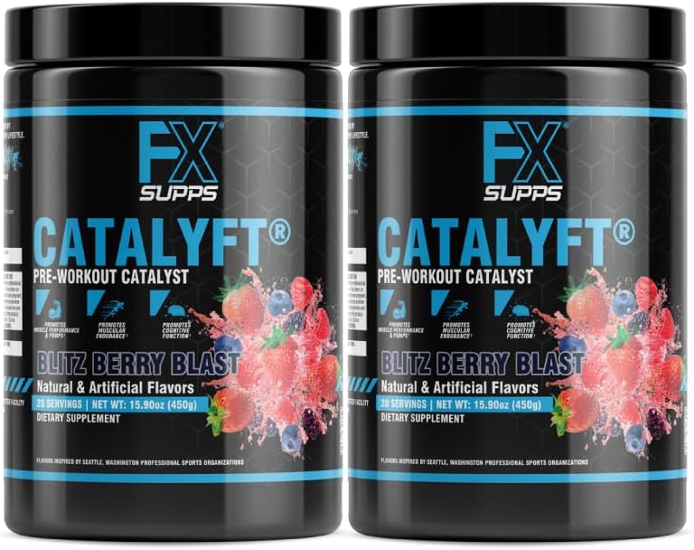 FXSUPPS Catalyft Pre-Workout Powder Drink for Men & Women Blitz Berry Blast Mix with Creatine, Caffeine & Beta-Alanine | Best for Energy Pump, Muscle Gain & Focus, 40 Servings (2-Pack)