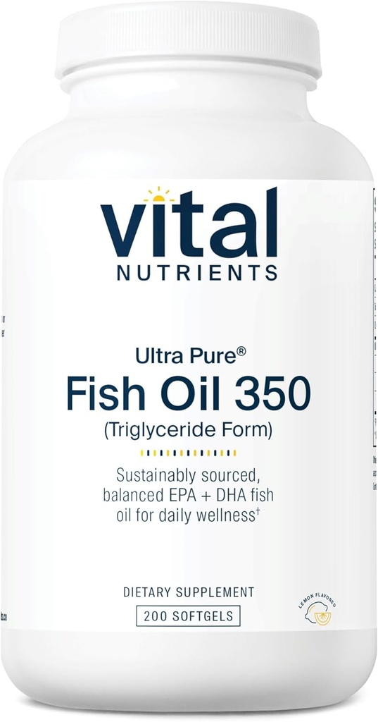 Vital Nutrients Ultra Pure® Fish Oil 350 | Supports Heart, Brain, & Immune Health* | Sustainable Sourced EPA & DHA Omega-3 Fatty Acid | Lemon Flavor | Gluten, Dairy, Soy Free | 200 Softgels