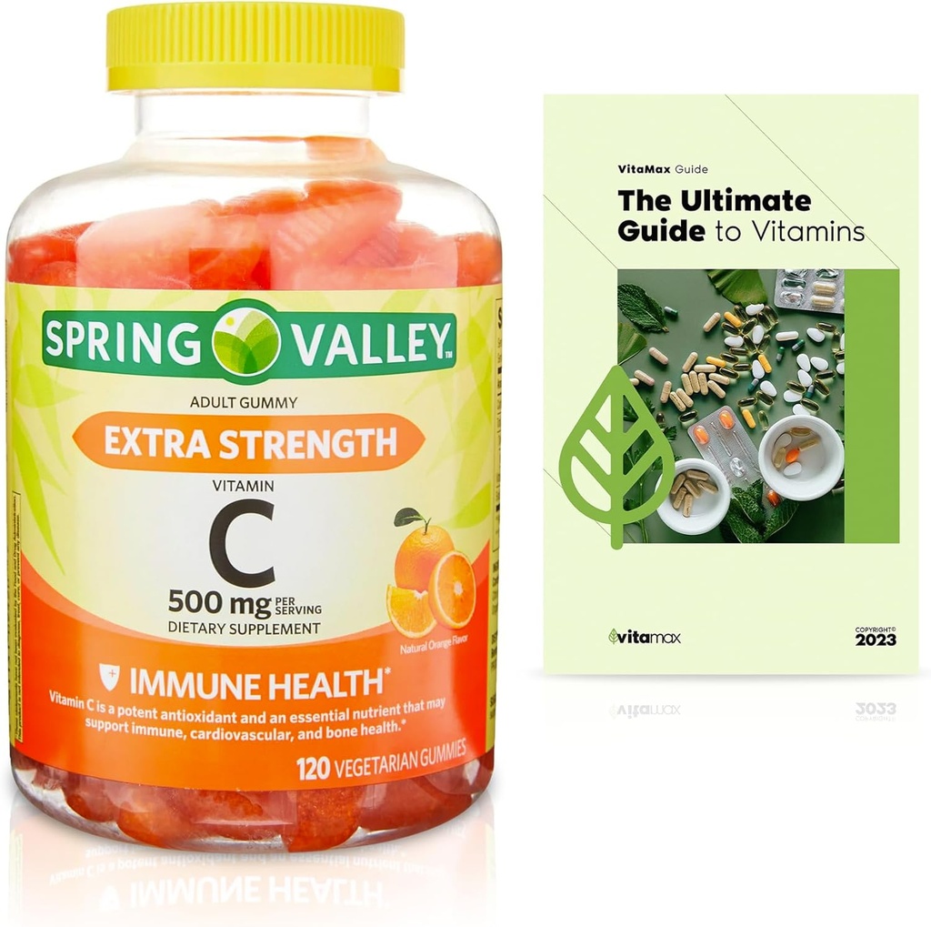 Spring Valley Ekstra Güçlü Vitamin C Immune Health Diyetary Supplement Vegetarian Gummies, Orange, 500 mg, 120 Count + Exclusive VitaMax kılavuzu (2 Madde)