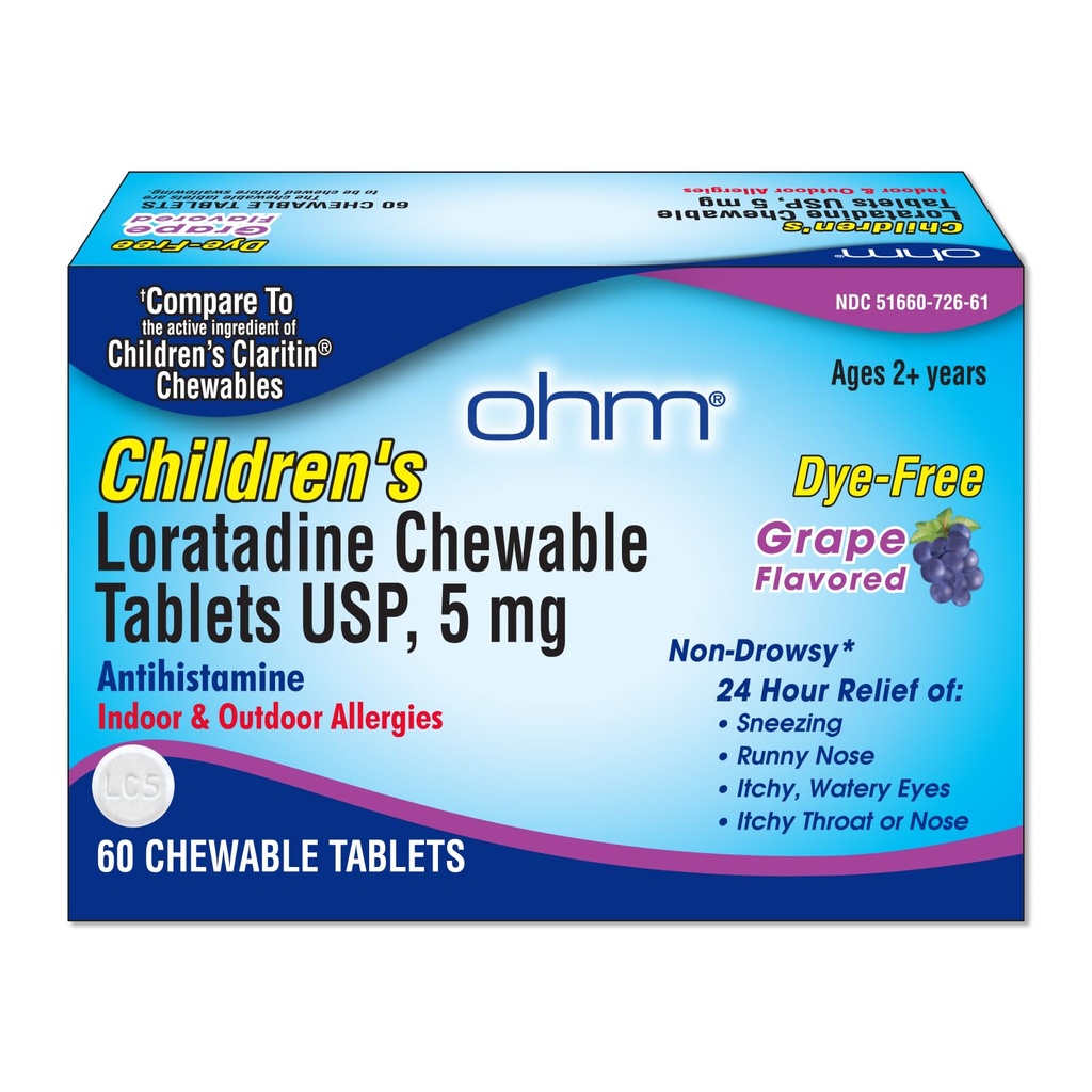Ohm Children's Loratadine Chewable Tabletler, Dye Free, Grape, Non-Drowsy 24h Relief of Sneezing, Runny Nose, Itchy Watery Eyes,Throat veya Nose, Antihistamine, Kapalı & Açık Tüm enerjiler, 5 mg, 60 Tabletler