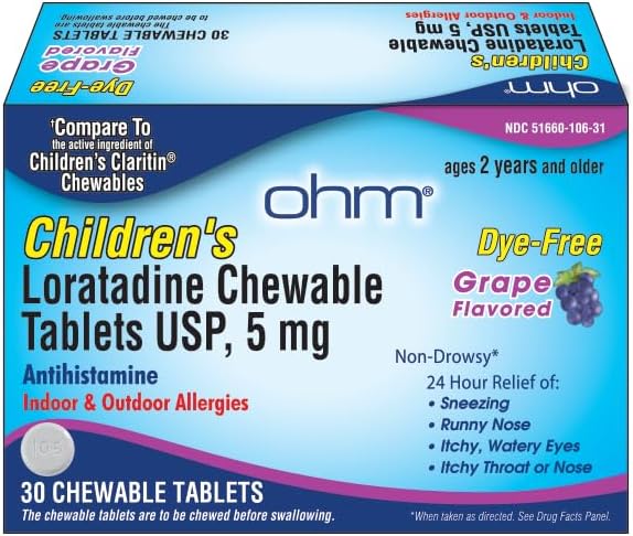 Ohm Children’s Loratadine Chewable Tablets, Dye Free, Grape, Non-Drowsy 24h Relief of Sneezing, Runny Nose, Itchy Watery Eyes,Throat or Nose, Antihistamine, Indoor & Outdoor Allergies, 5mg, 60 Tablets