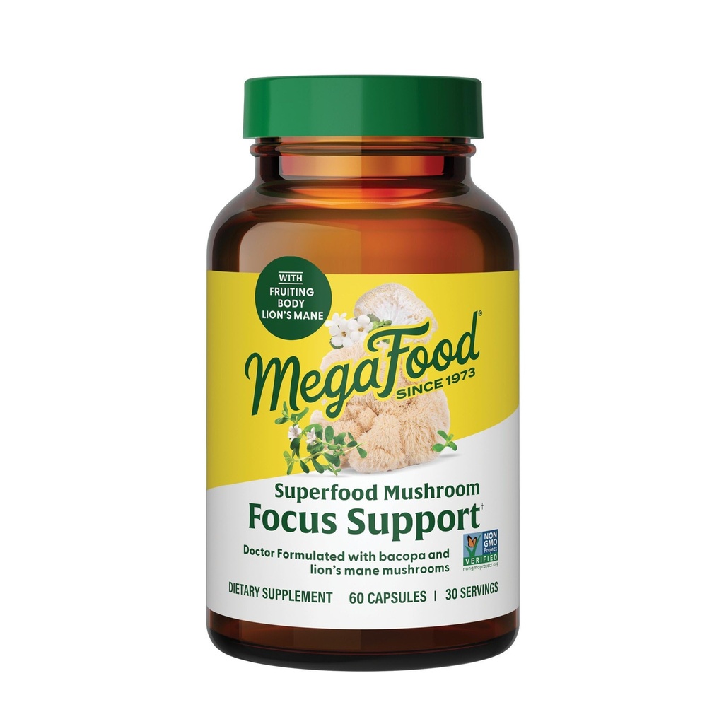 MegaFood Superfood Mushroom Focus Support - Doktor Formulated Lions Mane Supplement Capsules - Lions Mane Mushroom Supplement with Klinikly Studied Bacopa - Vegan - 60 Capsules, 30 Servisler