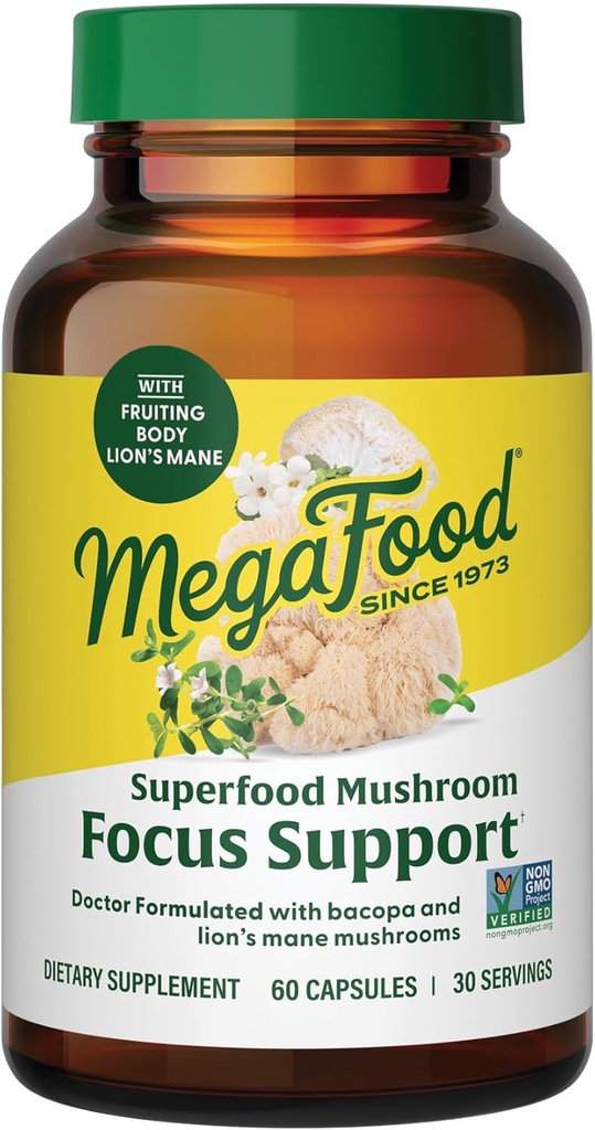 MegaFood Superfood Mushroom Focus Support - Doktor Formulated Lions Mane Supplement Capsules - Lions Mane Mushroom Supplement with Klinikly Studied Bacopa - Vegan - 60 Capsules, 30 Servisler