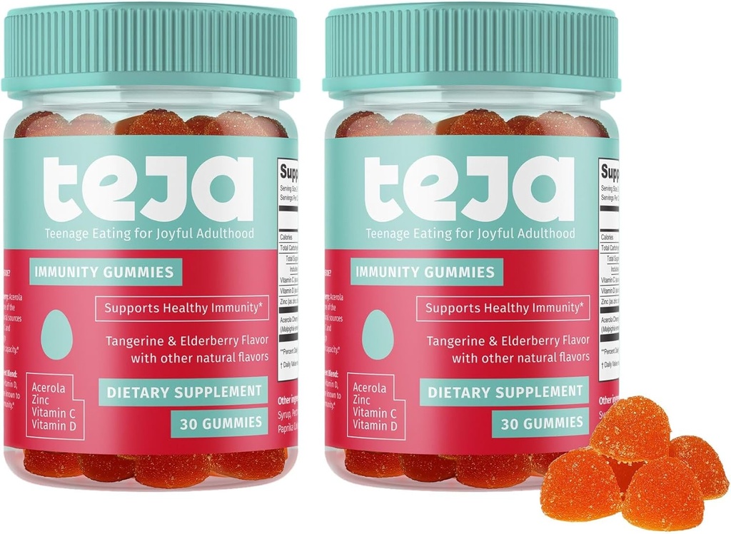 TEJA Immune Support Gummies for Friends with Vitamin D, VIT C, çinko ve Acerola. Low Sugar Supplement, Daily Immunity Multivitamin for Age 12-17 Teenagers to Yetişkinler. 30 Gummies (2 Pack)