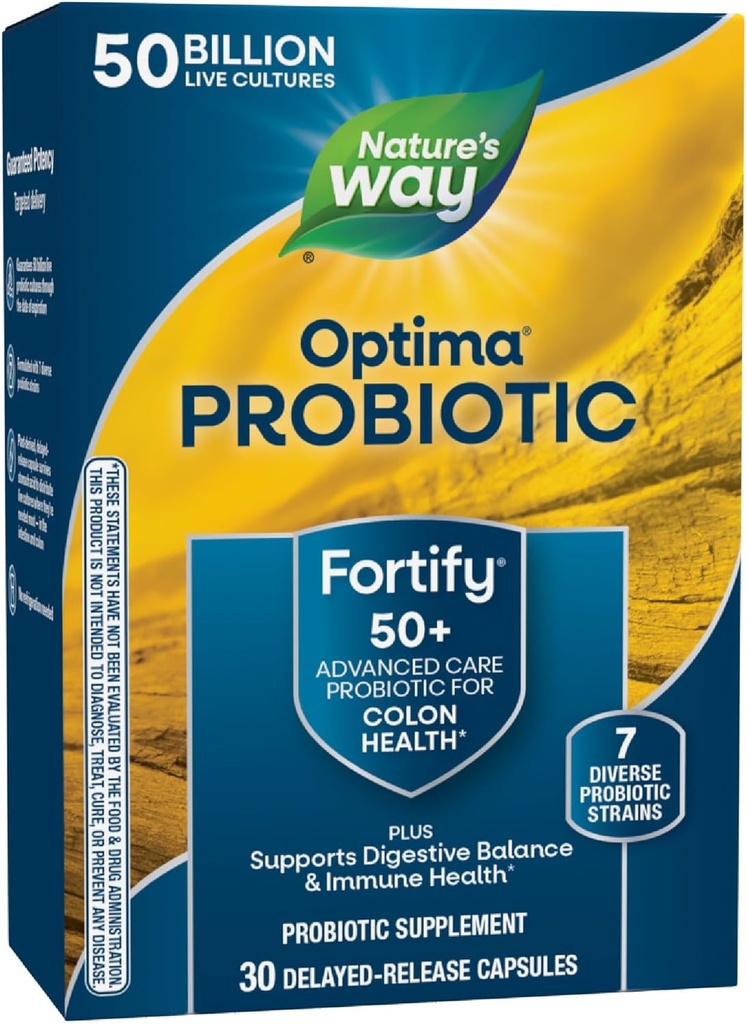 Nature's Way Fortify Optima Probiotic for Adults 50+, 50 Billion Live Cultures, Supports Digestive Balance, Colon & Immune Health*, No Refrigeration Needed, 30 Capsules (Packaging May Vary)
