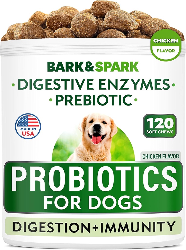 BARK&SPARK Dog Probiyotik Chews - Gas, Diarrhea, Allergies - Enzymes + Prebiyotiks - Chewable Fiber - Digestion, Immunity - USA Made - 90 Ct - BeefLiver