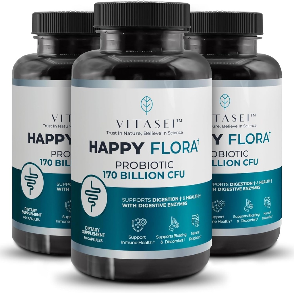 VITASEI Happy Flora, Probiyotik Supplement 170 Milyar CFU for a Health with Principles for Digestion, probiyotiks for Women and Men, 3 Şişe - 180 Capsules