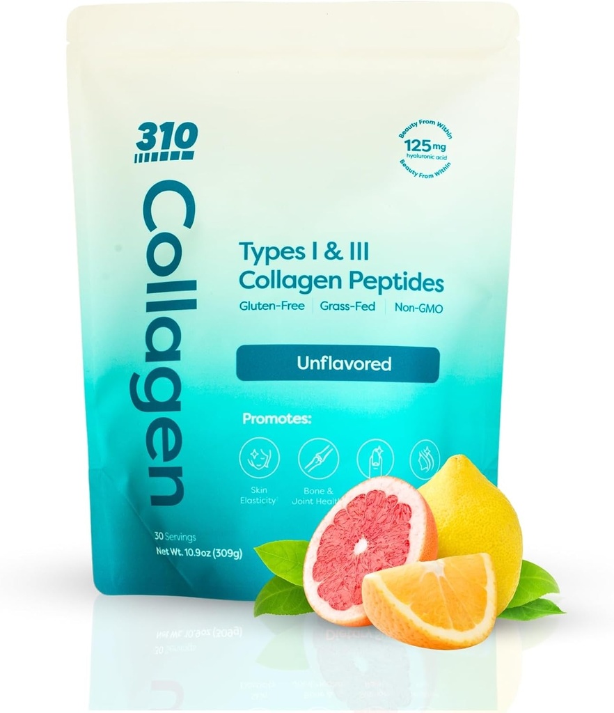 310 Kadın ve Erkekler için Collagen Hydro Toz - Grass-Fed Collagen Supplement w/Hyaluronic Asit, Resveratrol, C,D & E for Skin, Hair and Nails - 30 SRV Unflavored