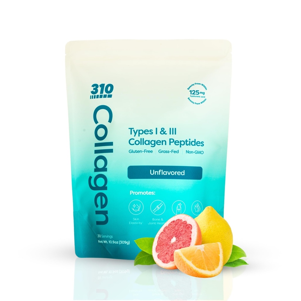 310 Nutrition Hydrolyzed Collagen Peptides Σκόνη για γυναίκες & άνδρες - Grass-Fed Collagen Συμπλήρωμα w/Hyaluronic Acid, Resveratrol, βιταμίνη C, D & E για το δέρμα, τα μαλλιά και τα νύχια - 30 SRV Unflaved